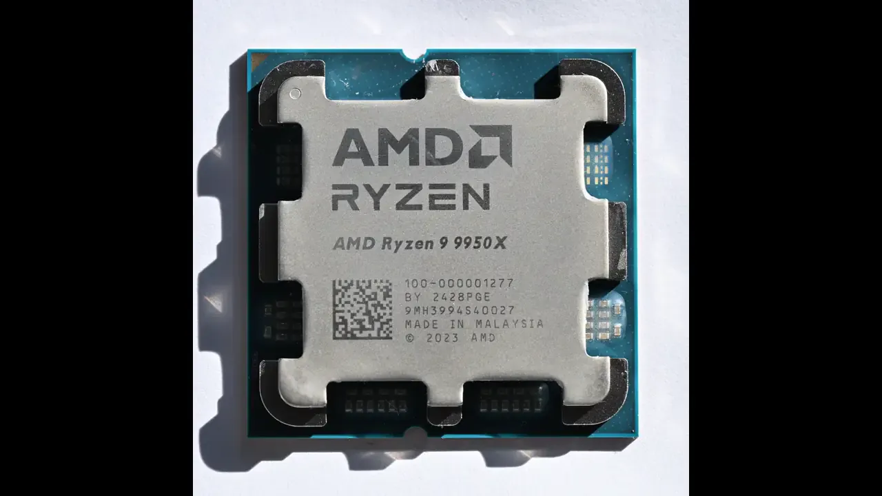 An AMD Ryzen 9 9950X processor on a black background, photographed 27 November 2024. The lead image fits that square Commons photograph into a 16:9 frame. Photo by 4300streetcar, CC BY 4.0, via Wikimedia Commons.