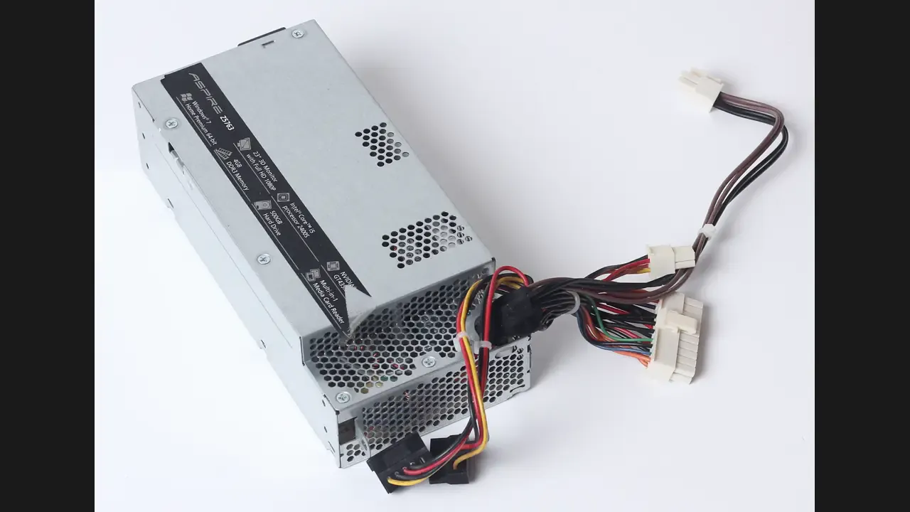An ATX computer power supply from an Acer Aspire Z5763, photographed 7 June 2018 on a white background. The lead image fits that Commons photograph into a 16:9 frame. The supply in the photograph is not one of the shop listings. Photo by Dmitry Makeev, CC BY-SA 4.0, via Wikimedia Commons.