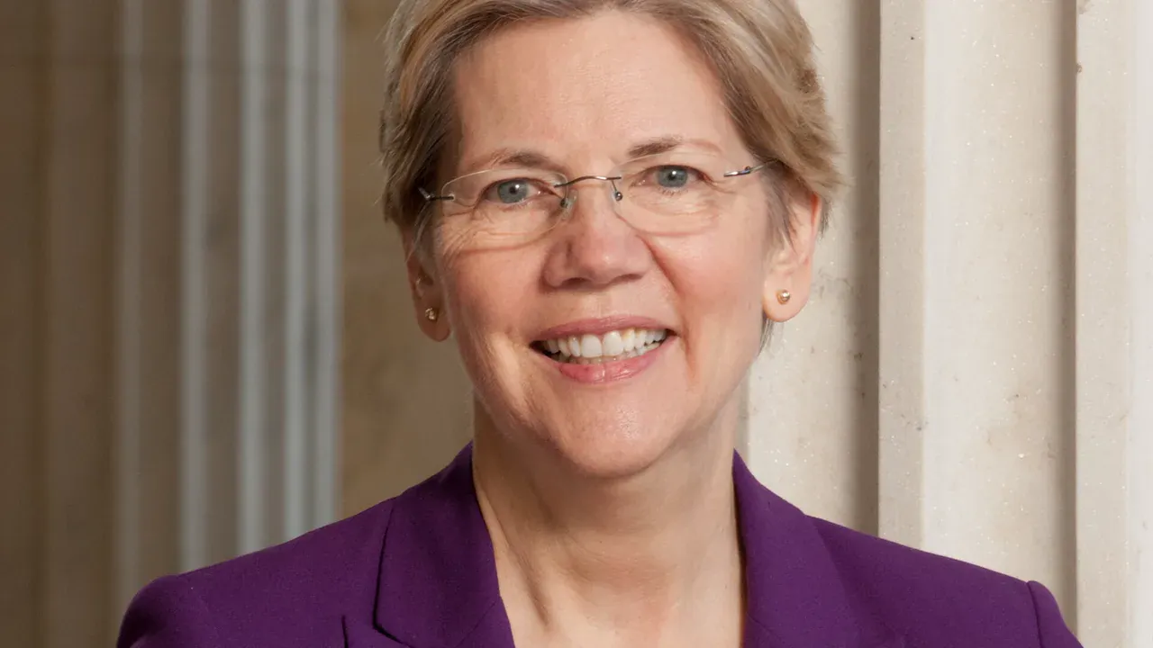 Official 113th Congress portrait of Senator Elizabeth Warren, photographed 8 March 2013, in a black jacket against a gray backdrop. The lead image is a 1280 by 720 WebP cropped to her head and shoulders. Photo by the United States Senate, public domain, via Wikimedia Commons.