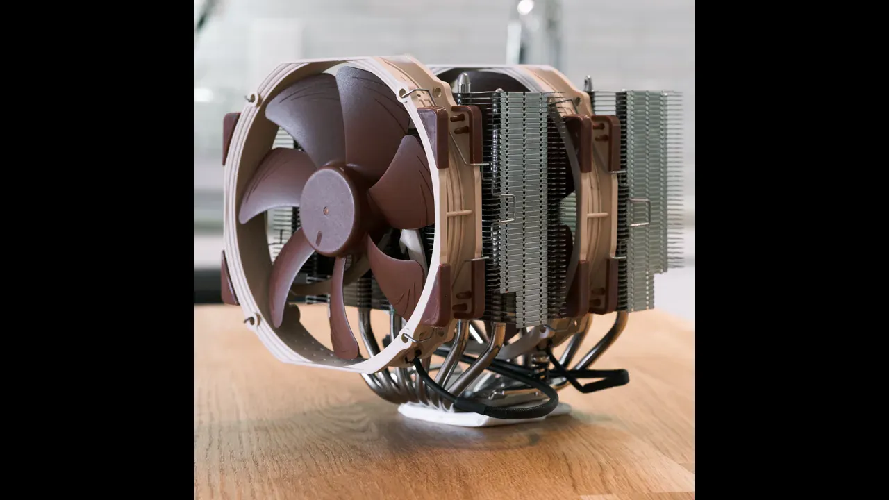 A Noctua NH-D15 CPU air cooler with the classic brown-and-beige fans, photographed on 3 November 2022. The lead image fits that square Commons photograph into a 16:9 frame. The cooler in the photograph is the earlier NH-D15, not the NH-D15 G2 shop listing. Photo by Kaleb Kloppe, CC BY 2.0, via Wikimedia Commons.