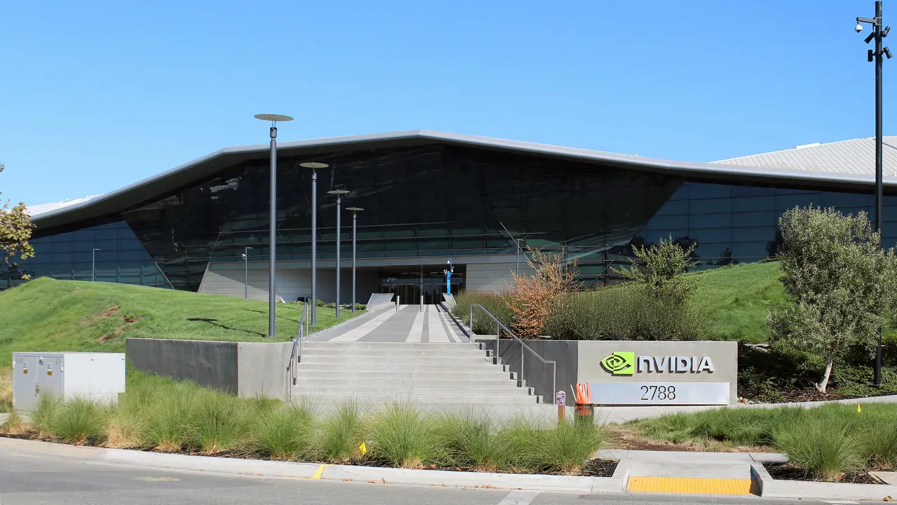 Nvidia headquarters in Santa Clara, California, photographed on 4 August 2018. The lead image is a 1280 by 720 WebP cropped from that photograph. It is not a portrait of Michael Burry. Photo by Coolcaesar, CC BY-SA 4.0, via Wikimedia Commons.