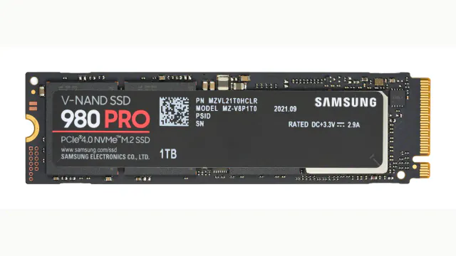 A Samsung 980 PRO PCIe 4.0 NVMe SSD, 1 TB, photographed from above on 26 March 2022. The lead image fits that Commons photograph into a 16:9 frame. The module in the photograph is a 980 PRO, not one of the shop listings. Photo by D-Kuru, CC BY-SA 4.0, via Wikimedia Commons.