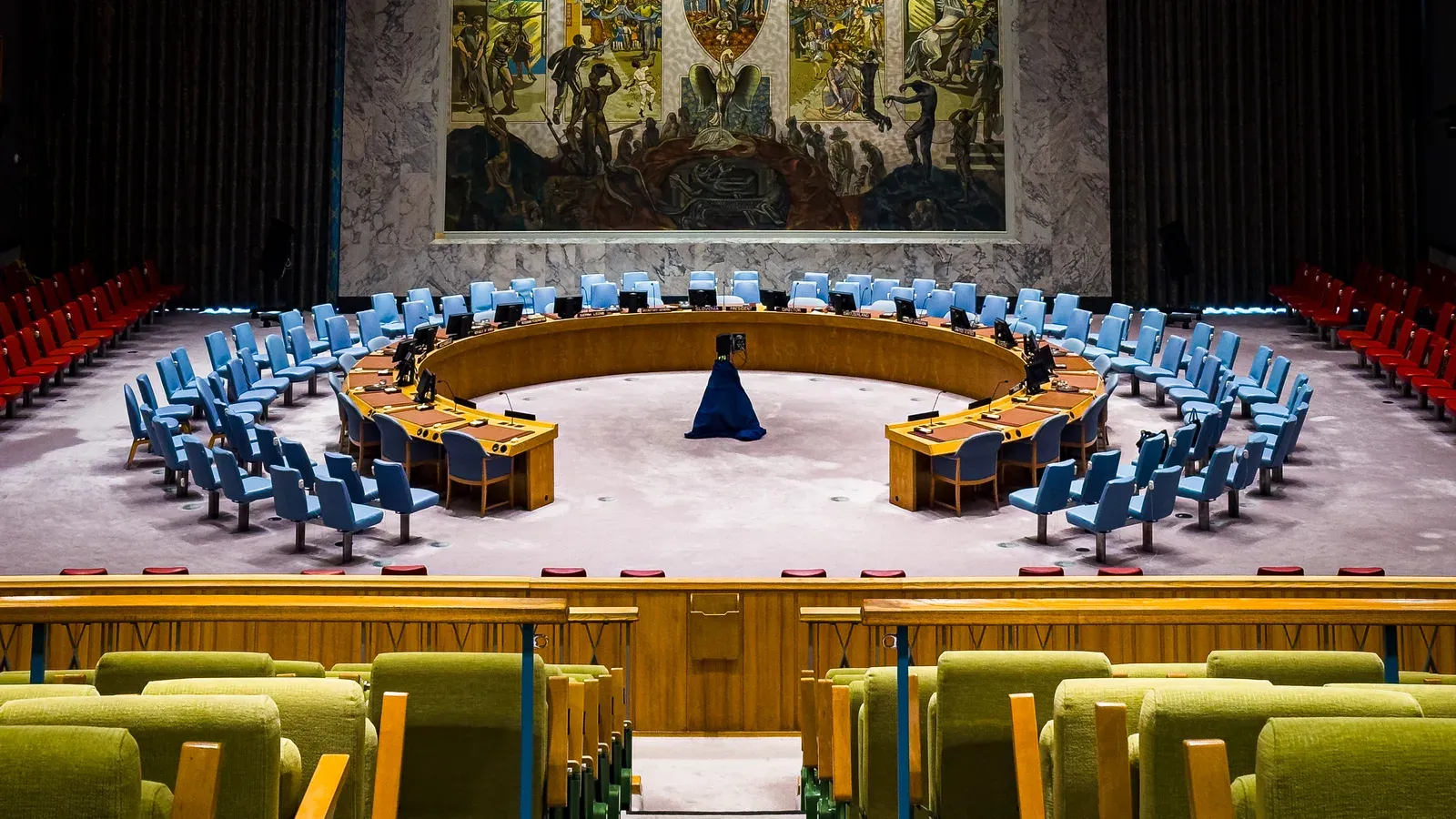 The empty Security Council chamber at United Nations Headquarters in New York, 6 September 2024. Photo by James D. Forrester, CC BY 4.0, via Wikimedia Commons.